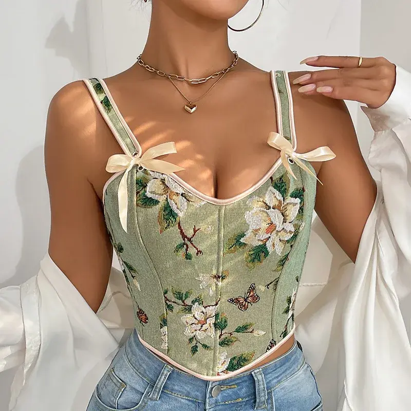 VELLUNE Women's Floral Corset Top, Vintage French Bustier Cami with Double Straps, Feminine Going Out Top
