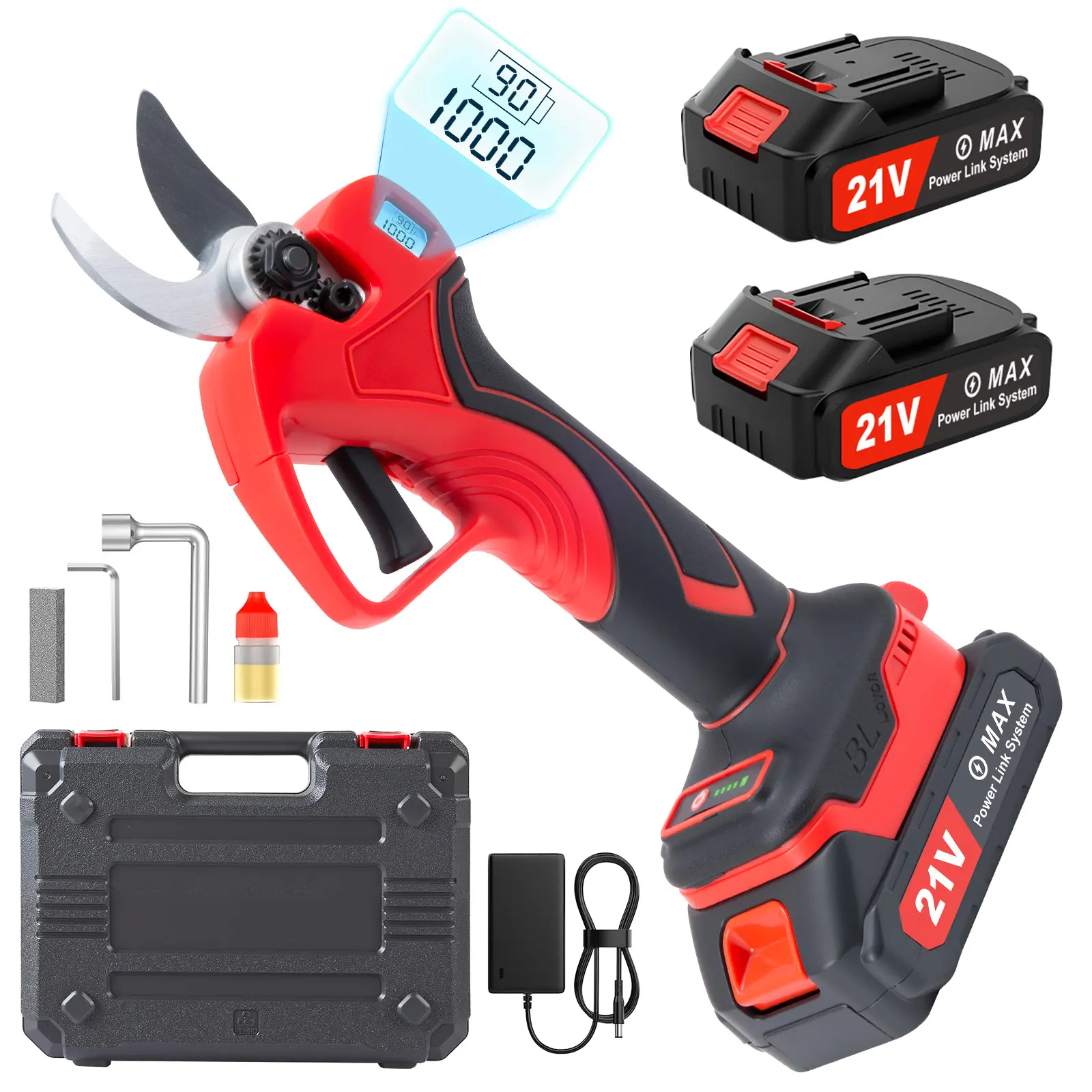 21V Cordless Electric Pruning Shears with 21v Power, Adjustable Cutting Diameter, 2 Rechargeable Batteries, LED Display, 6-8H Runtime for Garden, Tree Trimming
