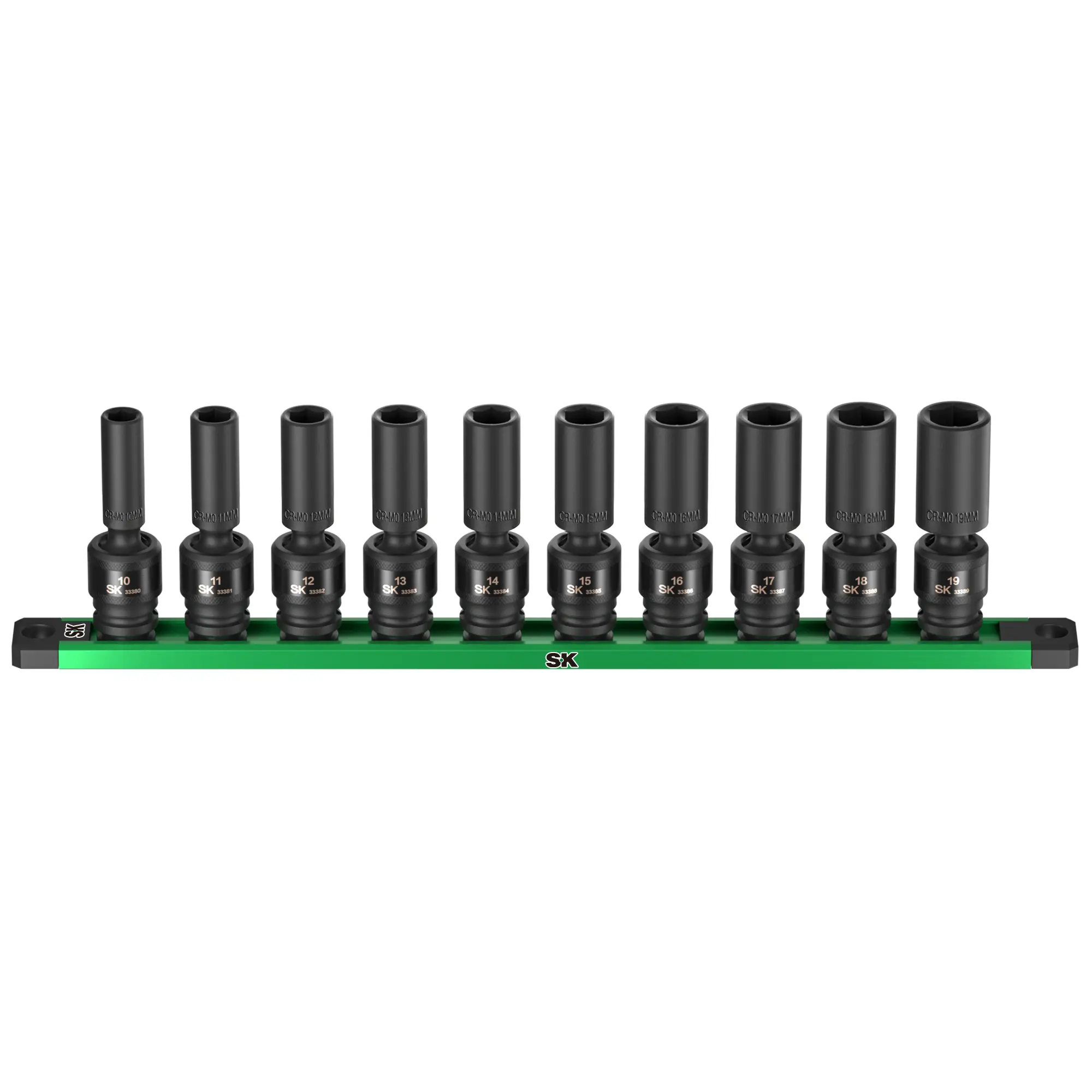 #summersale SK 3/8" Drive Universal Impact Socket Set, Deep Swivel Impact sockets, Metric, 10-Pack, 10-19 mm, Premium CR-MO Steel, SureGrip 6 Point Design, With Storage Rail