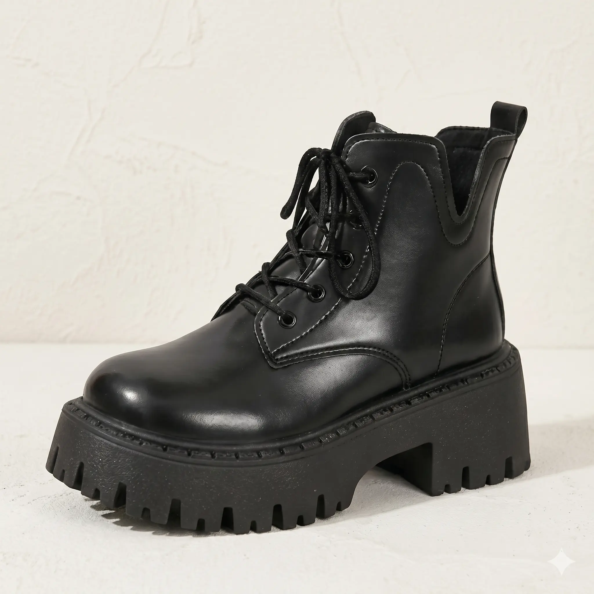 AOPLUS Women's Leather Cuban Cow Hide Chunky Platform Combat Boots - 2.2 in Lift Slip-On Ankle Booties with V-Cut Collar, Waterproof Geometric Edgy Y2K Grunge Minimalist Streetwear Shoes for Alternative Style All Seasons