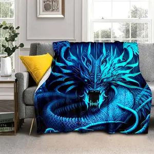 1pc Blue Ice Dragon Blanket For Home- Lightweight Flannel Throw For Sofa, Bed, Travel, Camping, Livingroom, Office, Couch, Chair, And Bed - Digital Printing Fleece Blanket With Soft And Warm Flannel Fabric