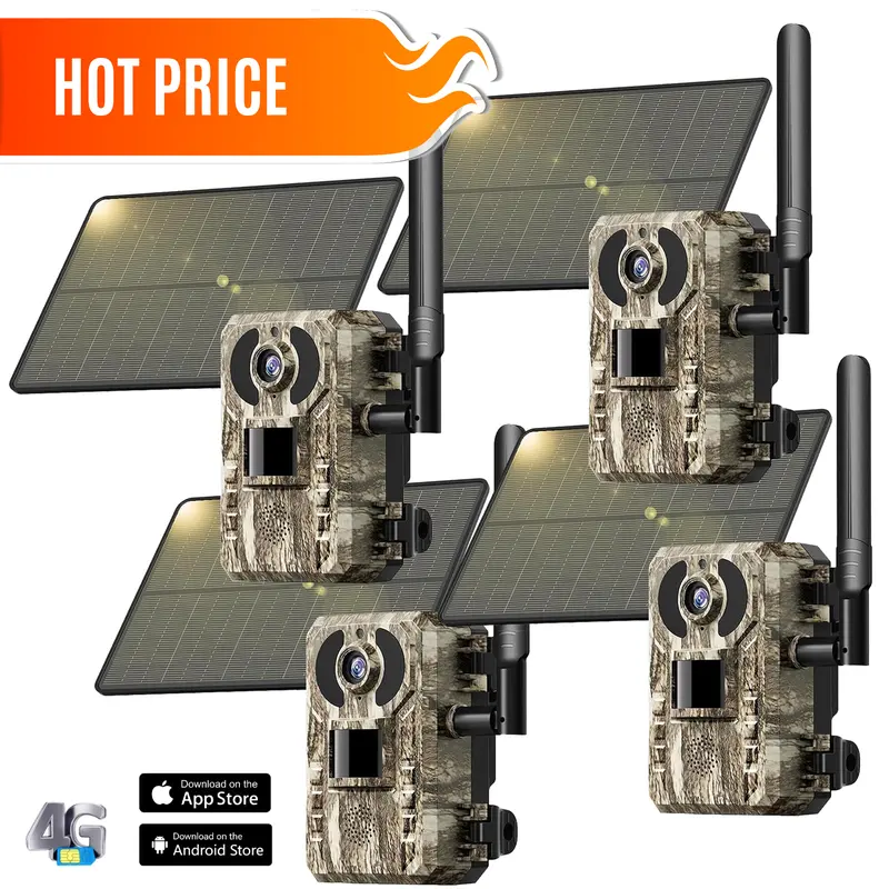 4G LTE Solar Powered Cellular Trail Camera with Solar Panel, Cordless High Camouflage Hunting Equipment for Farms & Cabins, 2.7K Live View, Remote Phone Access & Playback, 0.2s Motion Capture/Trigger Time, Night Vision, Built-in SIM Card, 128G Support