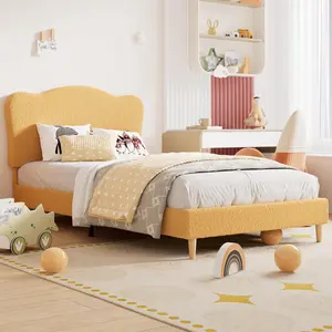 Yellow Twin Bed Frames for Kids,Upholstered Toddler Twin Bed Platform with Adjustable Headboard,Wood Slats,Children Bedroom Furniture for Boys,Girls,No Box Spring Needed