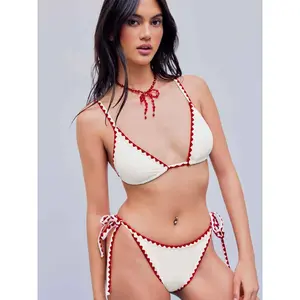 Cider [size 2-10] Contrasting Binding Tie Side Bikini Set, Geometric Low Waist Mariner Swimsuit for Swimming Pool Beach Vacation, High Stretch Venus Bikini Set, Tanning Season Bikini Bathing Suit