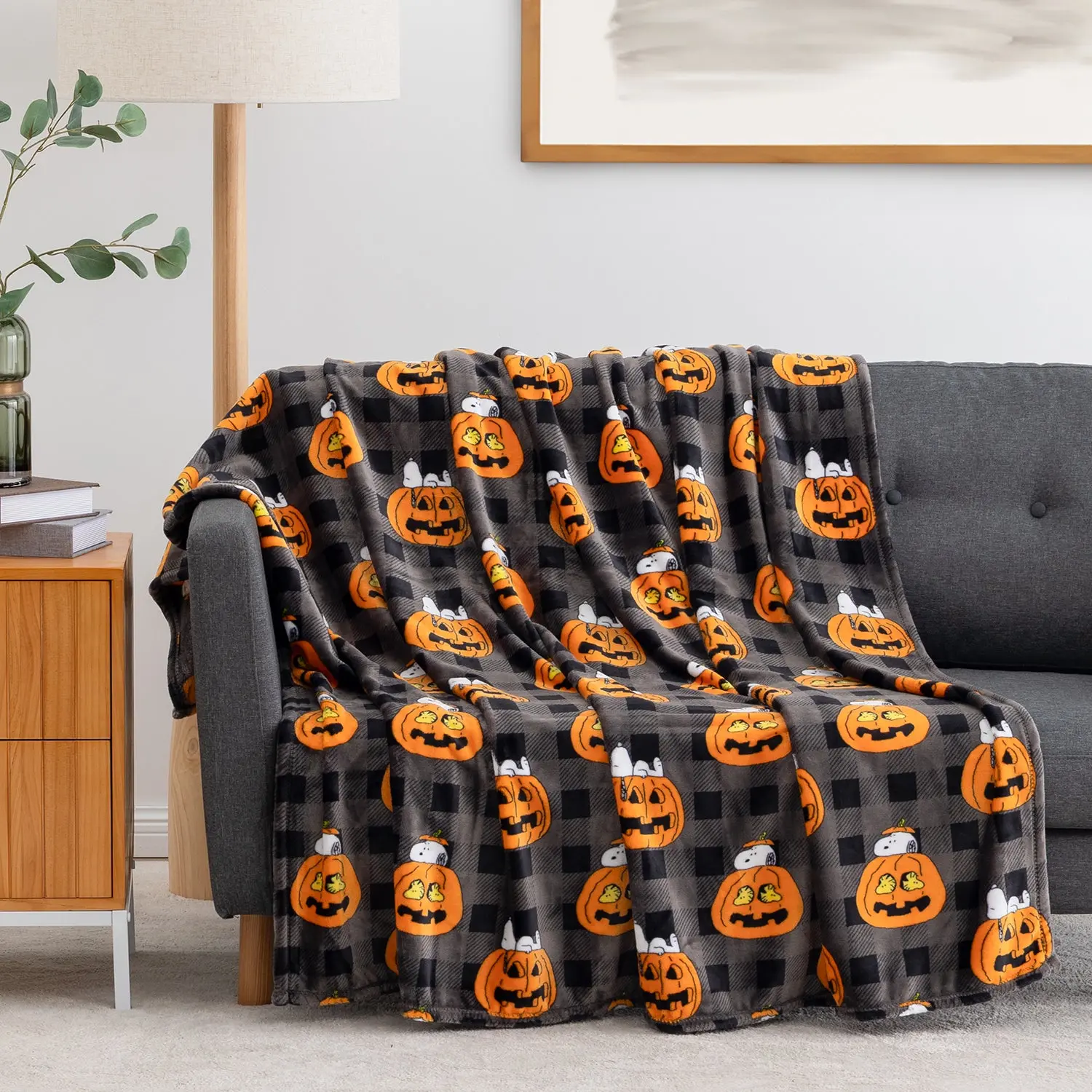 Berkshire halloween Peanuts VelvetLoft Cute Character Snoopy Plush 60" x 70" Throw Blanket, Peanuts Gingham Pumpkin,Peanuts Pumpkin Patch