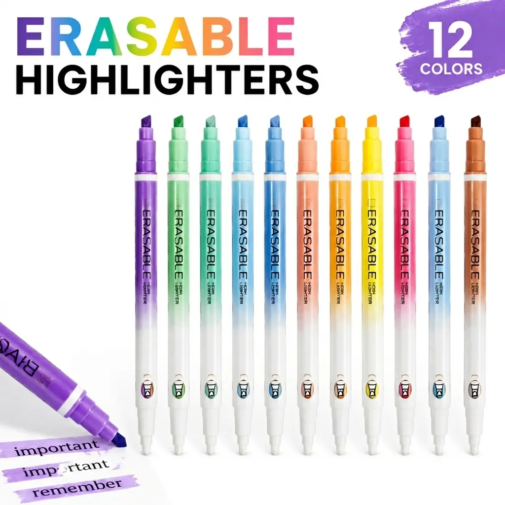 Erasable Highlighters 12 Pack, Dual Tip Chisel Marker Pens, Pastel No Bleed Highlighters for Notes, Planner, School & Office Supplies