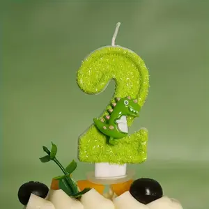 1pc Dinosaur Number Birthday Candles 0-9 with T-Rex Design - Jurassic World Theme Cake Toppers for Dino Party Supplies - Sparkly Green Prehistoric Animal Numeric Candle for Wild One Celebration - Sturdy Base Cake Decor, Cake Decorations
