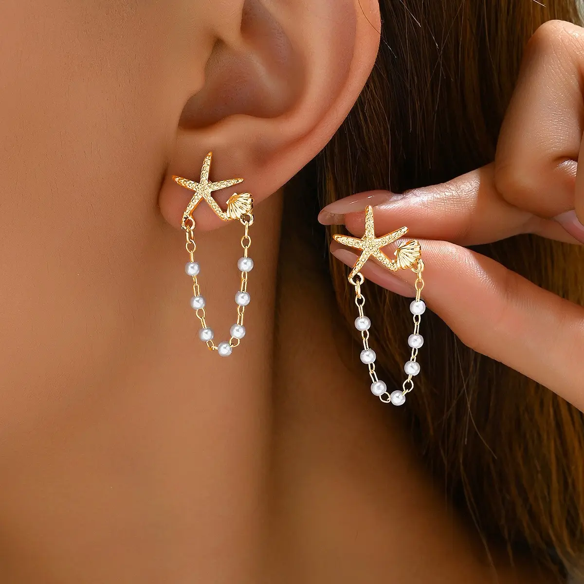 Women's Korean-Style Gold Aesthetic Earrings - Sweet Fresh Design, Unique Star-Shell String, High-End Versatile Costume Jewelry Accessories, Gold Set, Star Shell Chain, Dangle Earring Stack, Dainty Dangle Earrings