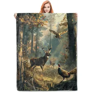 Deer and Forest Scene Throw Blanket Gifts, Soft Cozy Blanket with Wildlife Nature Print, Blanket for Couch Bed Sofa, Perfect for Hunters and Nature Lovers