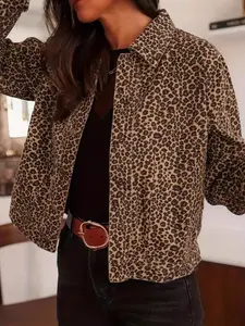 Autumn Winter Casual Fashion Button Leopard Print Coat, Plus Size Women's Long Sleeve Fitted Outerwear, Stylish and Comfortable, Leopard Print Jacket