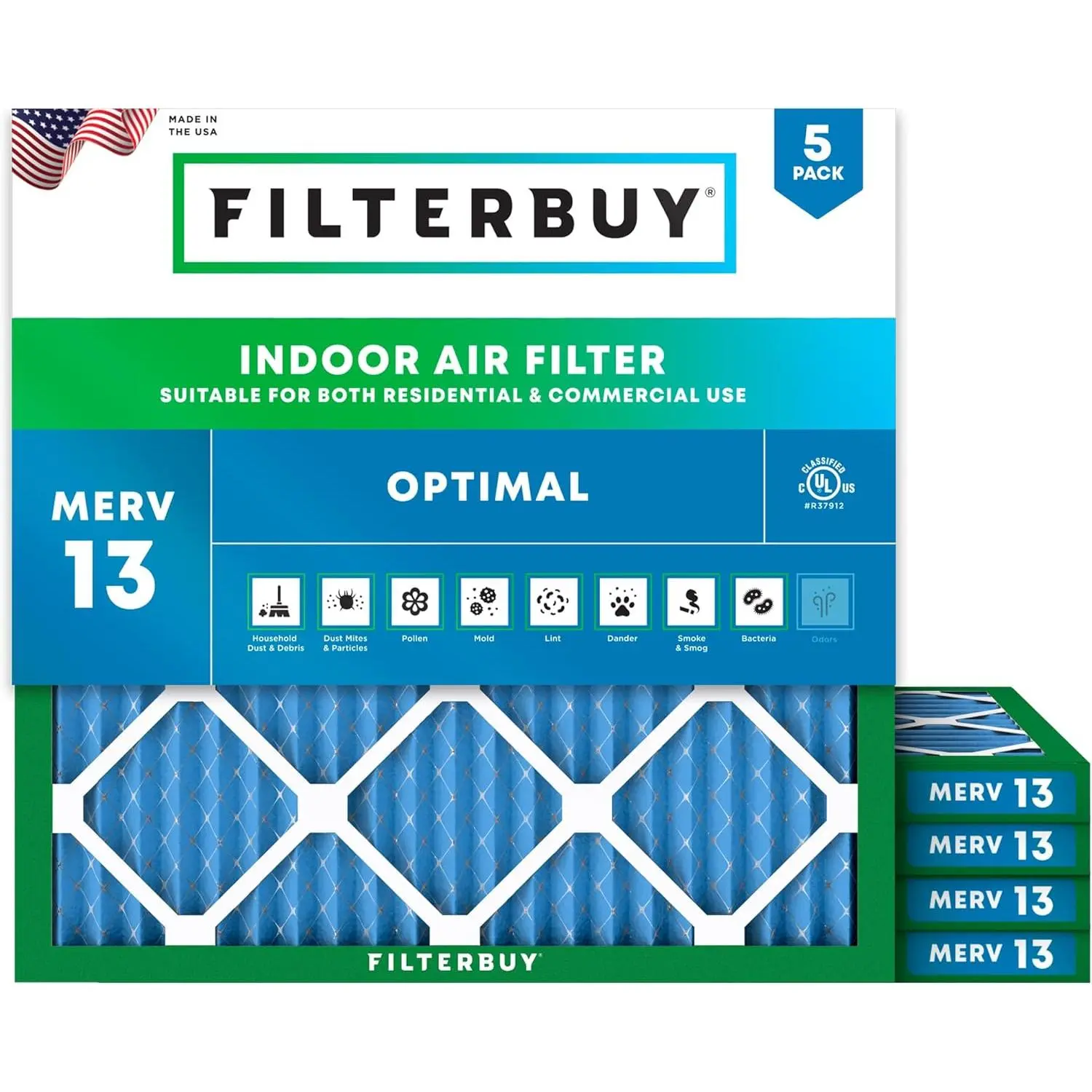 Filterbuy Household 12x12x1 Air Filter (5-Pack), Pleated MERV 13 Optimal Defense HVAC AC Furnace Filter (Actual Size: 11.75x11.75x0.75 Inches)