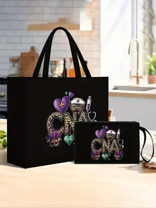 Fashion CNA Printed Tote Bag Set with Cosmetic Pouch for Women - Nurse Theme Large Capacity Travel Organizer, Commuter Shoulder Bag with Durable Fixed Straps, Fabric, Hand Wash - Black，Makeup Bag,Handbag, Reusable, Portable, Lightweight, Large Capacity
