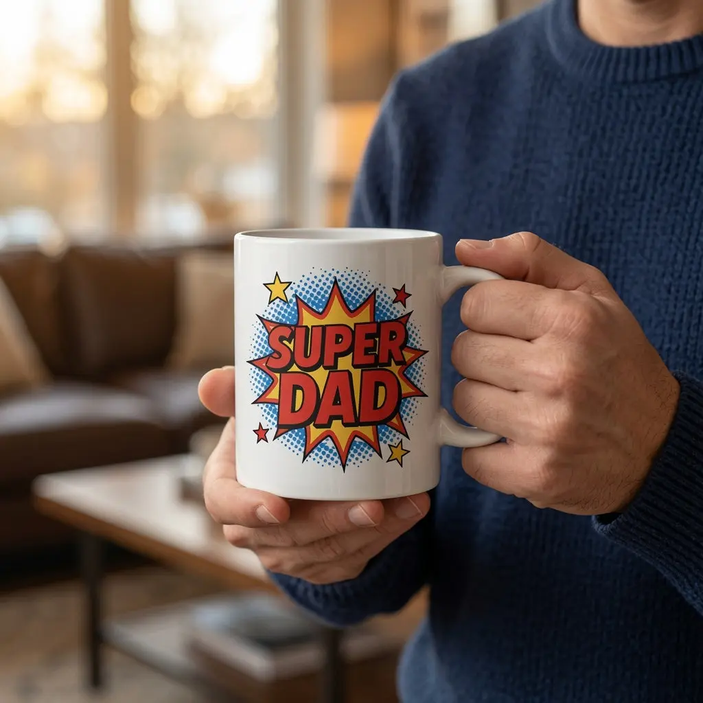 Printed Starburst Sublimated Super Dad Pop Art Comic Book Coffee Mug - Kitchenware Drinkware for Fathers Day