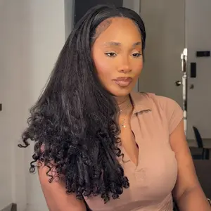 OQ HAIR Kinky Straight Burmese Curly Wear Go Half Wig 3 IN 1 Invisible Hairline Seamless Flip Over Wig 250% Density Glueless Human Hair Wigs With With Spiral Curls Adjustable Draw-string for Women Beginner Friendly Wigs