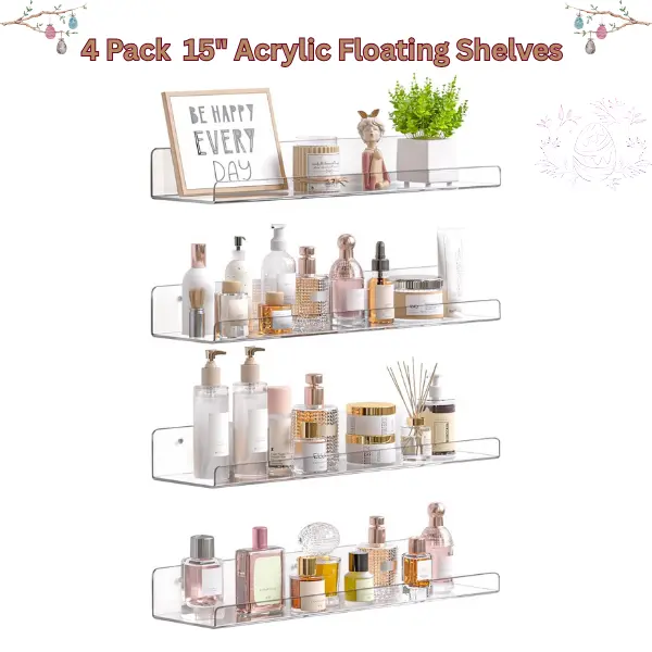 4-Pack Acrylic Floating Shelves 15 Inch Clear Wall Mounted Storage Organizer, Waterproof Space Saving Display Shelf for Bathroom Living Room Decor, Mother’s Day Gift, Father’s Day Gift
