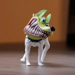 Horror Movie Face Dog Statue Resin Collectible, Sharp Teeth & Spiked Collar Design, Indoor/outdoor Decorative Figurine