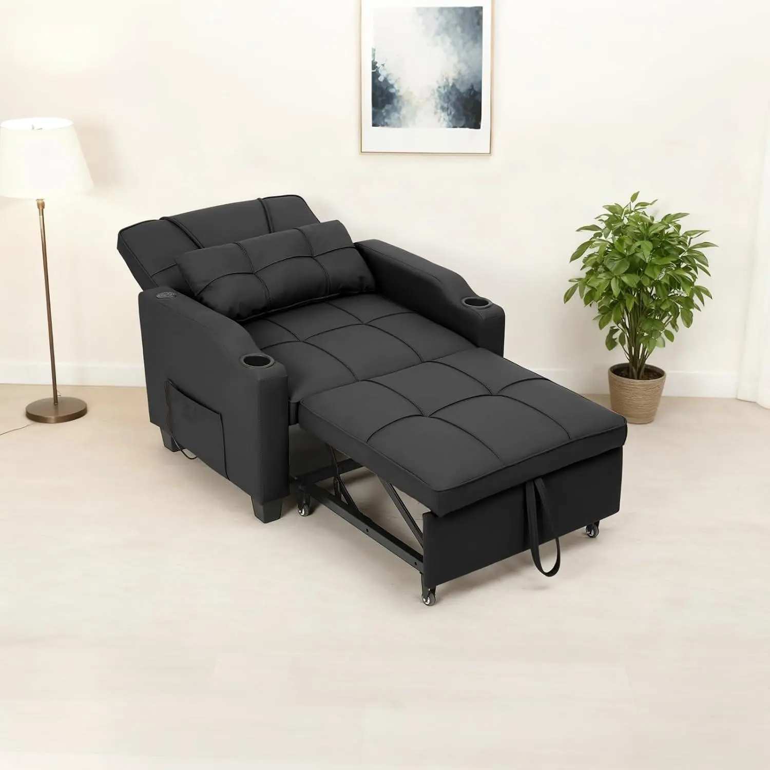 Garvee Convertible Sleeper Sofa Bed, 4 in 1 Sleeper Chair Pull Out Bed with Vibration Massage Lumbar Pillow, Single Sofa Recliner Chair with USB/Type-C Port, Cup Holders and Side Pocket for Small Spaces，black