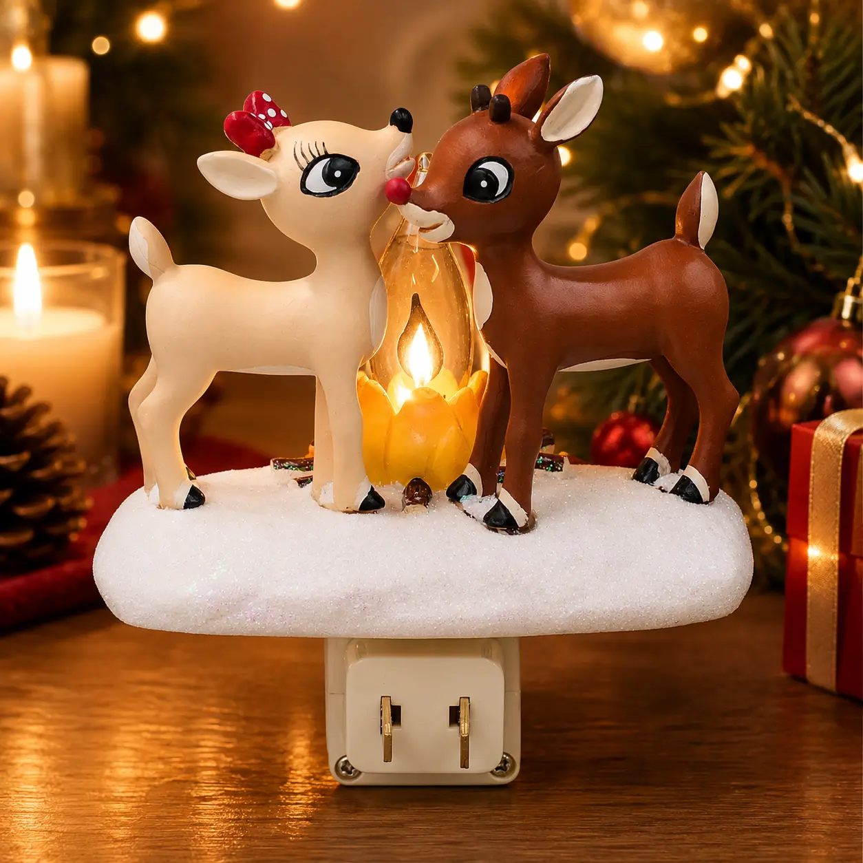 Rudolph Red Nosed Reindeer Night Light with Flickering Flame – 5.25 Inch Plug-in Christmas Decor for Home, Holiday Party Supplies
