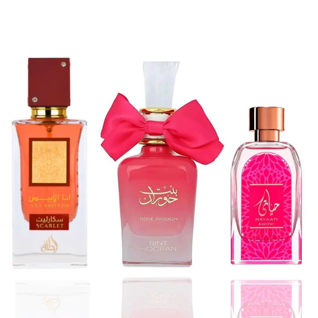Lattafa Unisex Fragrance 3-Piece Bundle Set - Ana Abiyedh Scarlet, Bint Hooran Ross Passion, Hayaati Exotic, Three Pieces