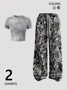 2-Pack Gray Tie-Dye Crop Top + Monochrome Leaf Camo Pants | Slim-Fit Short-Sleeve Tee + Wide-Leg Bottoms – 2025 TikTok Viral Dark Aesthetic, Edgy Tie-Dye Print, Moody Nature Design, Graphic, Perfect for Casual, #OOTD, #StreetwearVibes, #Y2KRevival