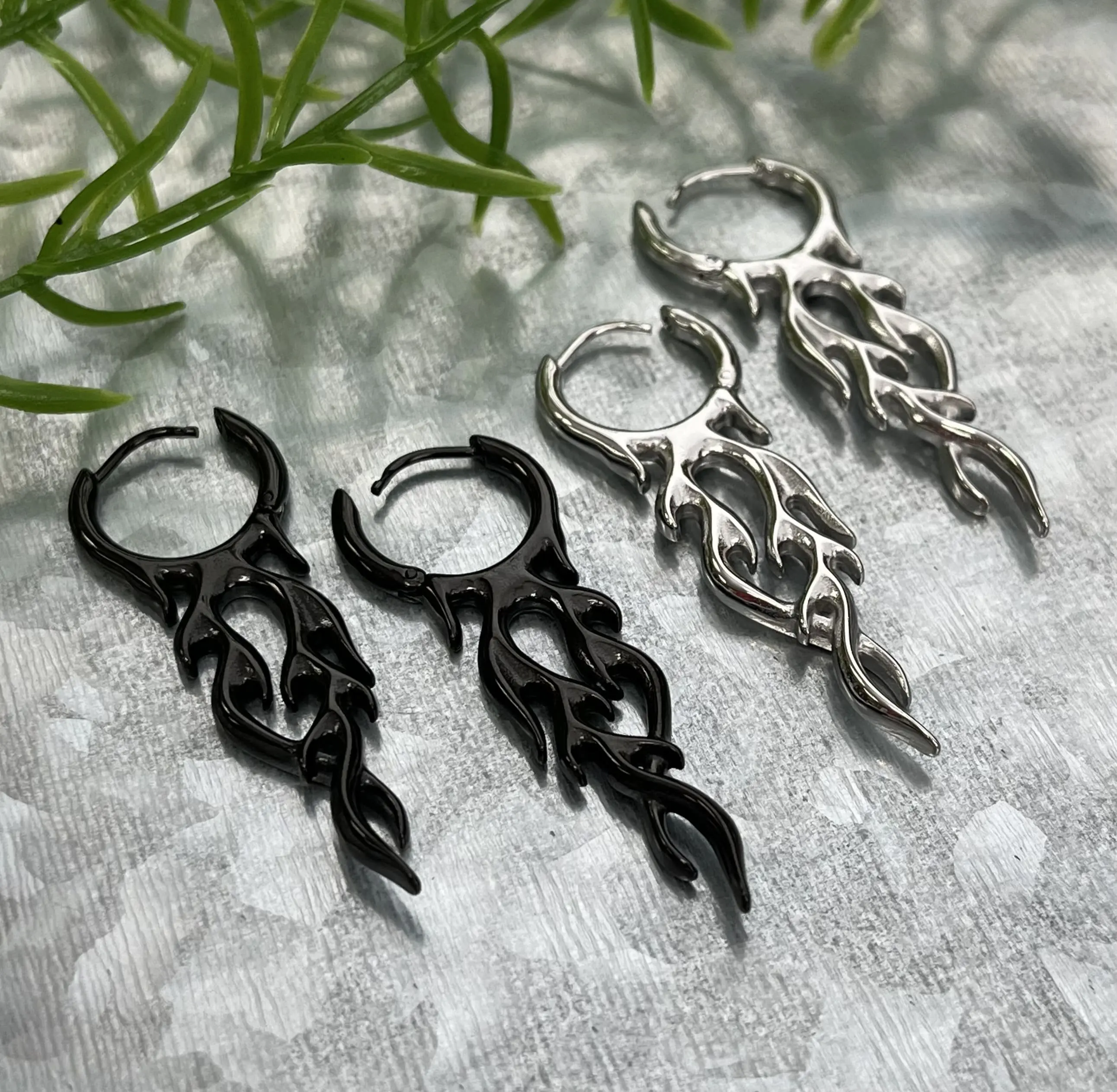 Pair of 18g 316L Stainless Steel Hoop with a Flame Dangle Earrings - Gauges 18g