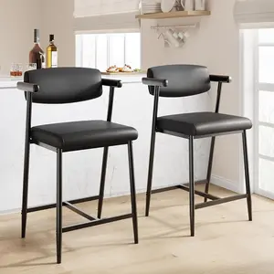 Bar Stools Set of 2 - 26.5inch Upholstered Counter Height Bar Stools for 2 with Armrest - Wider Thickened Cushion - Bar Chairs with Backrest for Bar/Dining Room/Kitchen - Retro Black