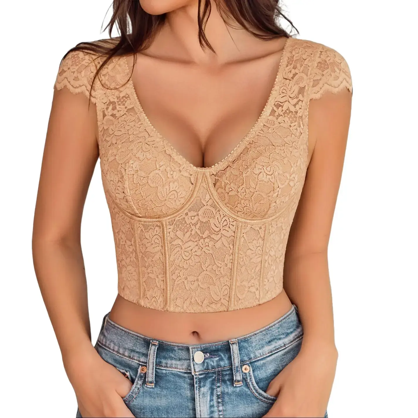 Avidlove Corset Tops for Women Floral Lace Bustier Cap Sleeve Crop Top V Neck Y2K Clothes Going Out Outfit with Buckle