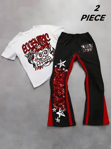 Trendy Star Print Color-Block Tracksuit for Gen-Z | Wide Leg Flared Pants and Graphic Tee Streetwear Set | Edgy Alternative Fashion Outfit for Dance, Festivals, and Urban Photo Shoots