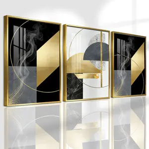 3 Counts Aluminum Alloy Framed Painting, Abstract Geometric Gold And Black Art Pictures, Home Decoration For Living Room, Bedroom, Office, Restaurant, Hallway Wall Decor, Odorless Print Artwork, Luxury Perfect Gift For Friends And Family