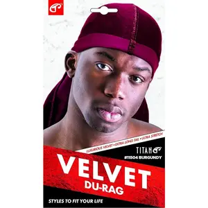 Titan Velvet Silk Durag for Men, Satin Fabric, Long Tail, Stretch Fit, Burgundy Color