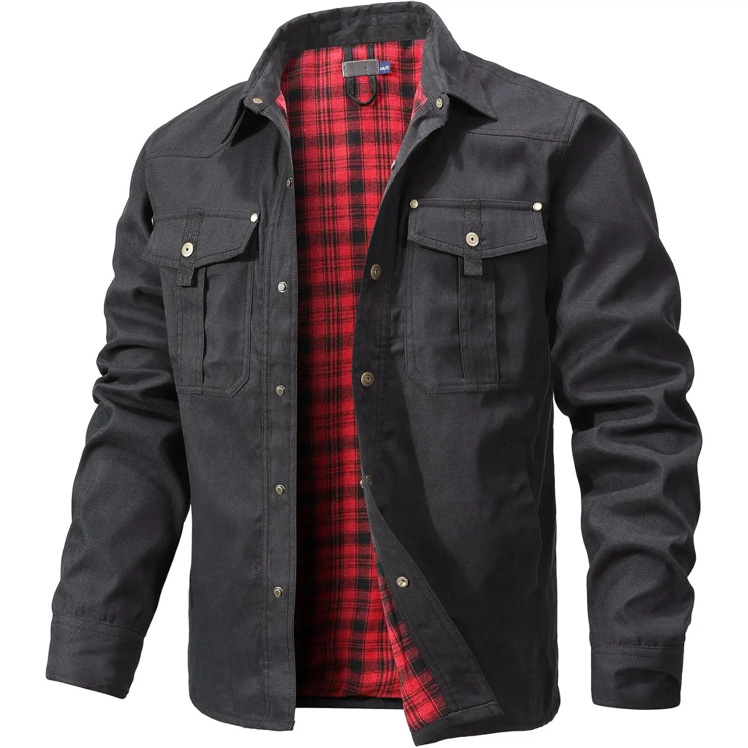 Men's Flannel-Lined Snap-Button Shacket Jacket - Long Sleeve Mensfashion Basics, Denim Collared Plain Athletic Western Cowboy Casual Tops for Fall (Black, Beige)