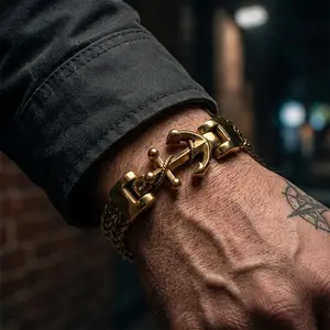 NOX & VESTIGE 18K Gold Plated Anchor Bracelet for Men Heavy Duty Miami Cuban Link Stainless Steel Nautical Wristband Hypoallergenic Streetwear Jewelry with Secure Magnetic Clasp Water Sweat Fade-Proof non tarnish jewelry men accessories charm bracelets