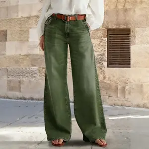 Women's Minimalist Washed Denim Jeans - Multi-Button, Loose Wide-Leg, High-Quality, Flattering Fit Everyday Streetwear Bottoms
