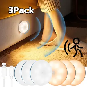 3-Piece LED Motion Sensor Rechargeable Night Light, Home Decor Lighting, Round Night Lighting, Ideal for Bedroom, Kitchen, Hallway, Closet, Bedside, Office Space