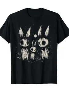 Menswear Round Neck 220g Cotton Fabric Casual T-shirt - Horrible Cute Rabbit Gothic Dark Alternative Aesthetic, Classic Fit, Fade-resistant, Office Commute, Halloween, for Young People