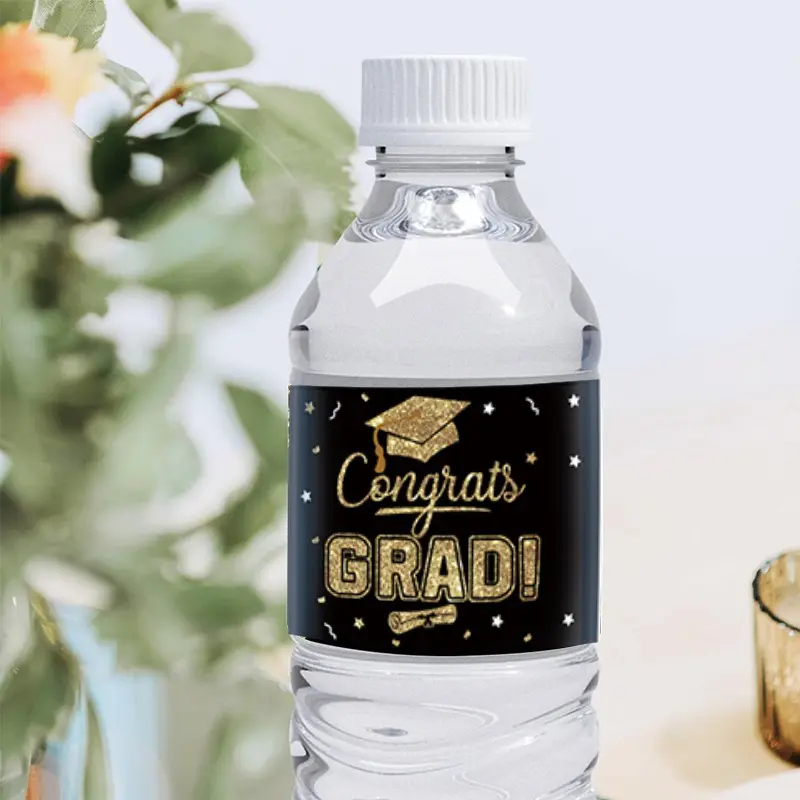 Graduation Black and Gold Water Bottle Labels Stickers, Sticker Decals, Self Adhesive Waterproof Celebrate Party Gifts (10 Sheets/pack), University High School Graduation Themes Decorations