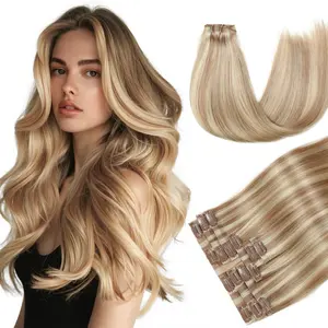 Clip in Hair Extensions Straight Human Hiar 18 Inch Highlight blonde Remy Human Hair for Women Invisible Double Weft Glonde Blonde Highlight Hair Extensions 8Pcs Wavy Hairpieces valentine gift for gf