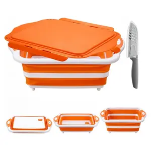 Collapsible BBQ Prep Tub with Lid, Foldable Camping Sink with Colander, Cutting Board, Dish Basin for Kitchen, Bowl, Vegetable and Fruit, Storage Basket for Picnic-Orange