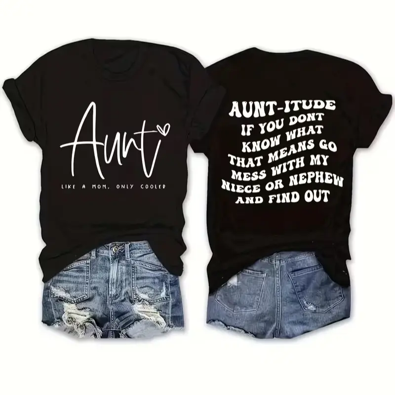 Women's Cotton Short-Sleeve Heart Tee Top - Aunt-itude Funny Double-Sided, Casual, Lightweight, Denim-Accentuated for Aunt-Squad Birthday Gifting to Niece/Nephew, Fitted