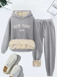 Women's Letter Print Hoodie & Drawstring Waist Pants Thermal Lined Two-piece Set, Casual Fitted Long Sleeve Sweatshirt & Pocket Trousers, Women's Fall & Winter Clothes, Casual Outfits Women, Casual Loungewear Set