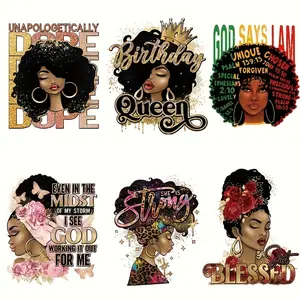 6 Piece Queen Motif Heat Transfer Print T-Shirts, Hoodie Patches, African Women Sequins Hot Sensory Stickers Embroidery Decorations