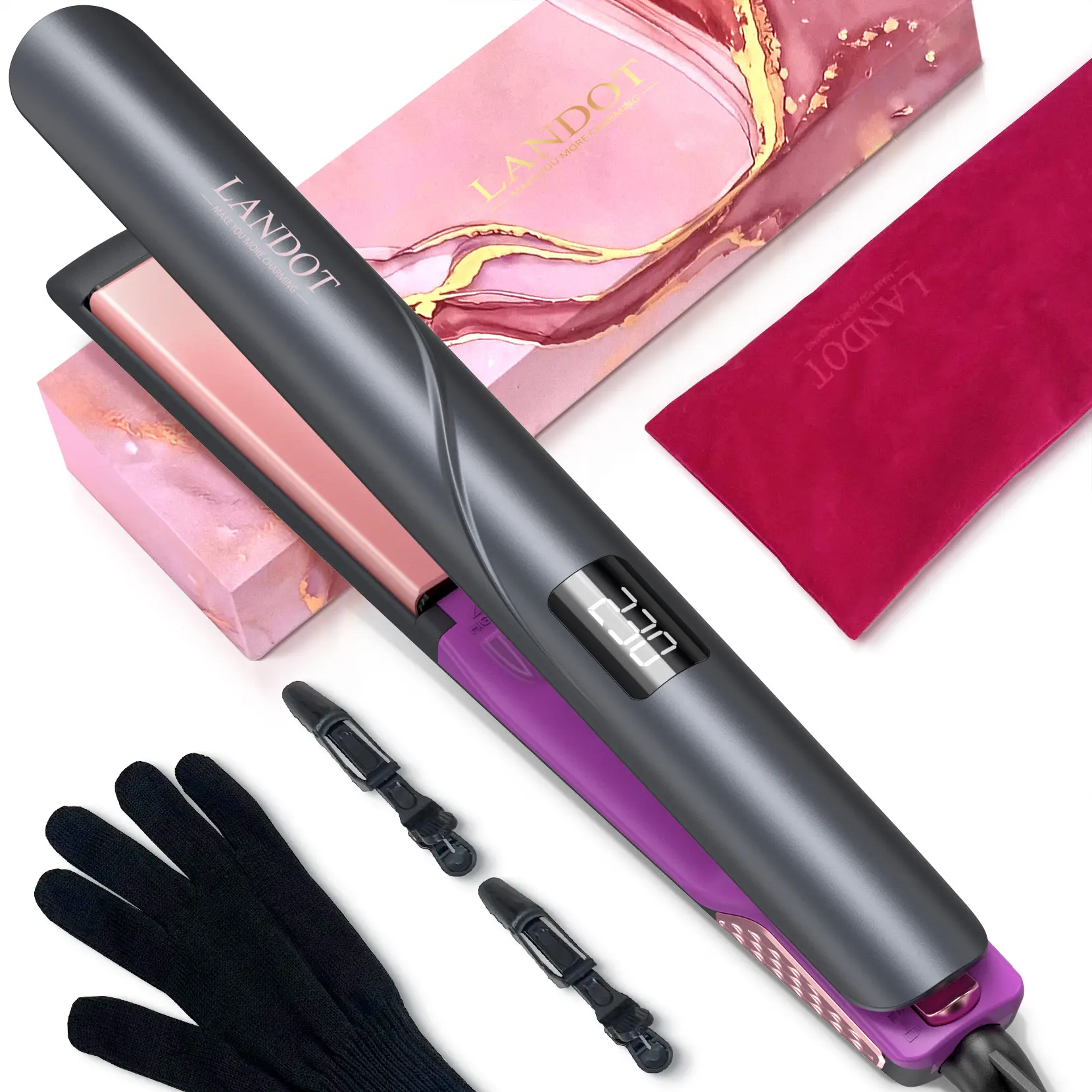 LANDOT Flat Iron Hair Straightener - Ceramic Ionic Straightening iron for Frizz-Free Shine - Adjustable Temp 250-450F & Auto Shut Off + Travel Pouch