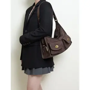 Brown crossbody  bag Women's Fashion Bag-Vintage Gold Plated Lock Multi-Pocket Single Shoulder Pillow Bag Retro Artistic Casual Wide Shoulder Strap Large haversack Bag