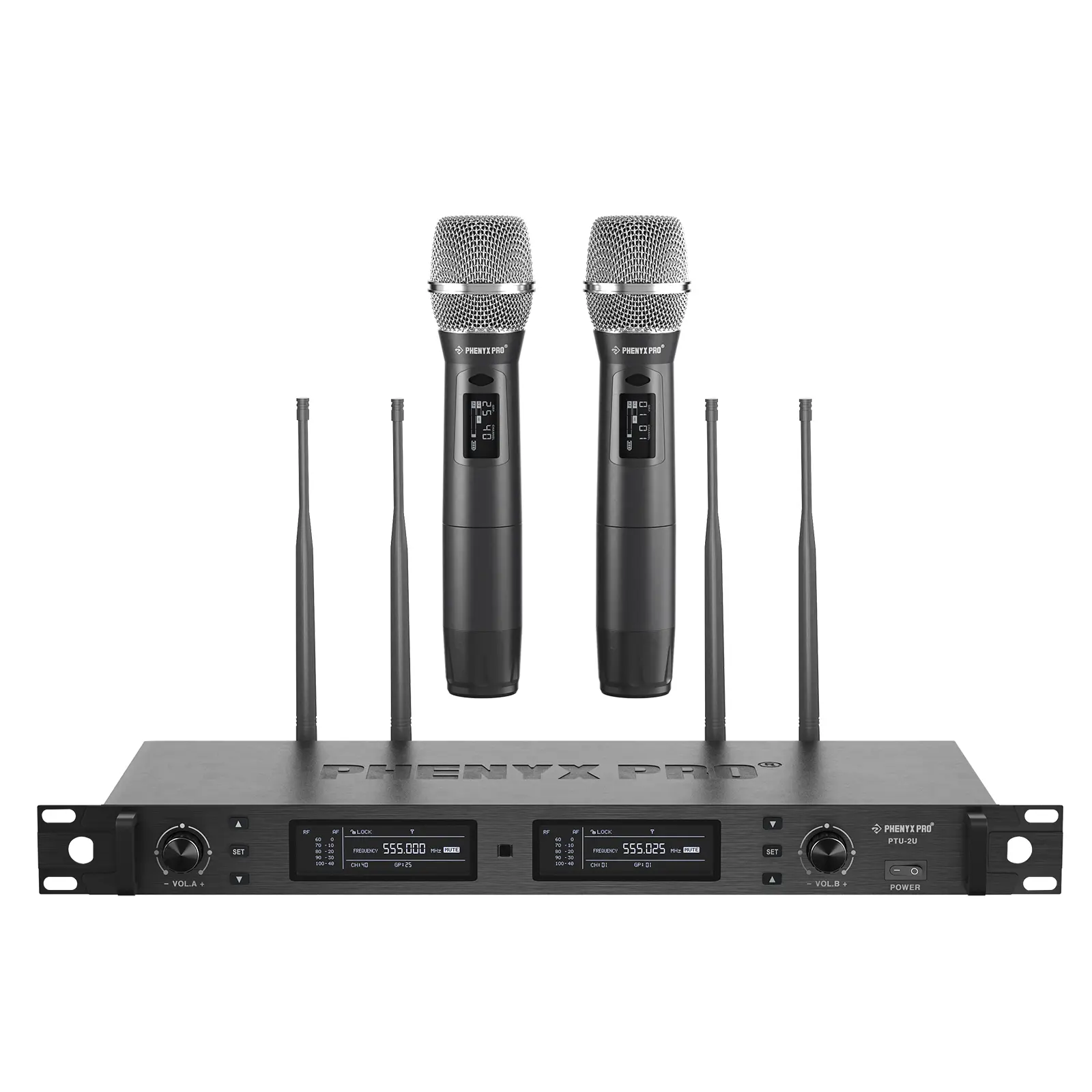 Phenyx Pro PTU-2U-2H Dual True Diversity Wireless Microphone System – 2 UHF Handheld Mics w/ Auto Scan, 2x1000 Tunable Channels, 328ft Range, for Stage, Studio, Live Performance