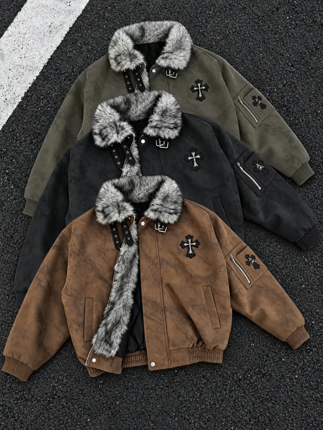 Aviator flight jacket, vintage distressed faux leather outerwear with faux fur collar and cross patches, tie-dye wash style, thick and warm Y2K street-style winter coat