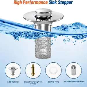 Stainless Steel Pop-Up Stopper with Hair Collector, Drain Filter and Removable, Installation and Cleaning, Replacement for Standard Bathroom Sink Stoppers