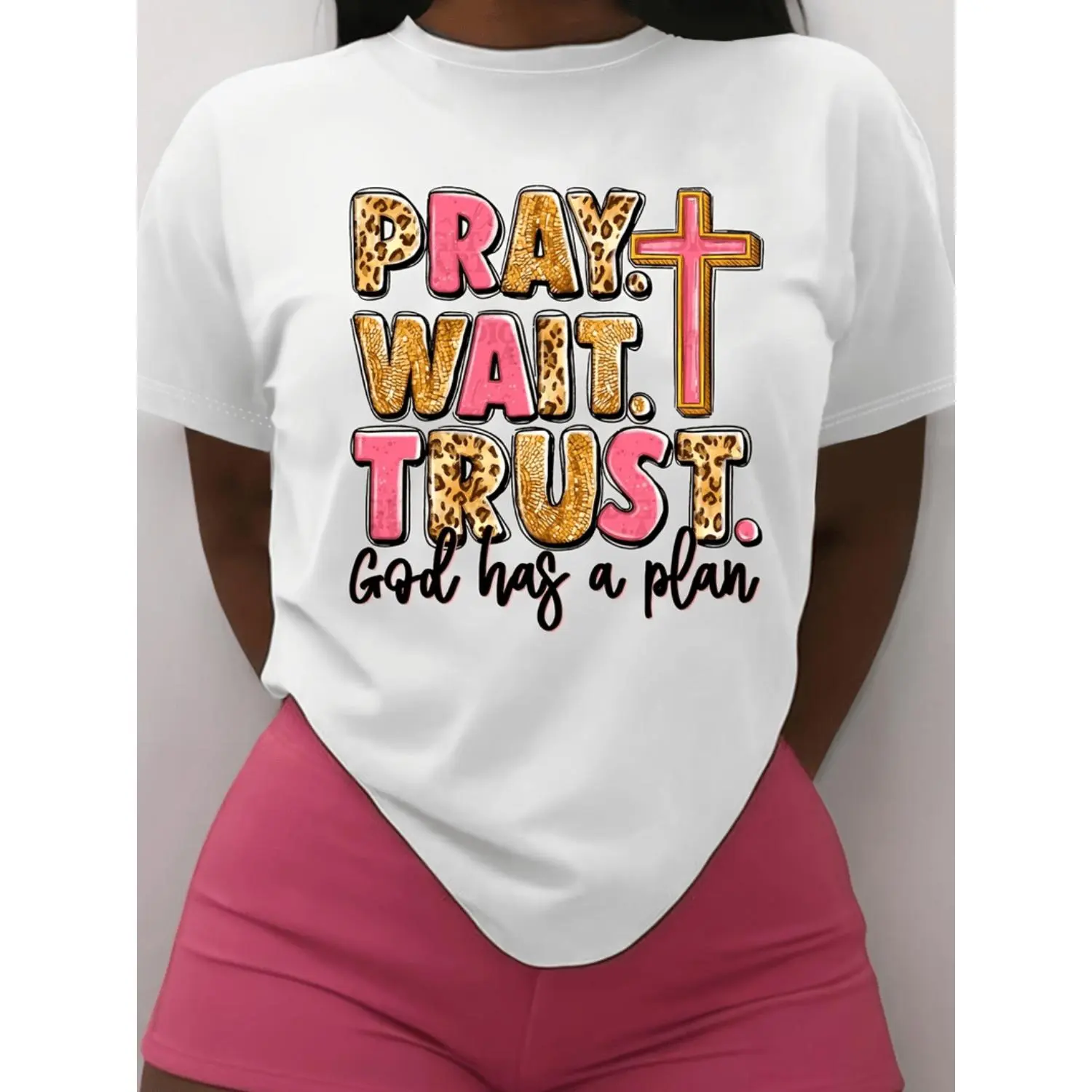 Women's Cotton "Pray. Wait. Trust. God Has a Plan" Printed Inspirational Short Sleeve T-Shirt - Casual Crew Neck, Soft Knit, Regular Fit, All-Season Lady Top, Machine Washable, Matching Sport & Outdoor Graphic Tee