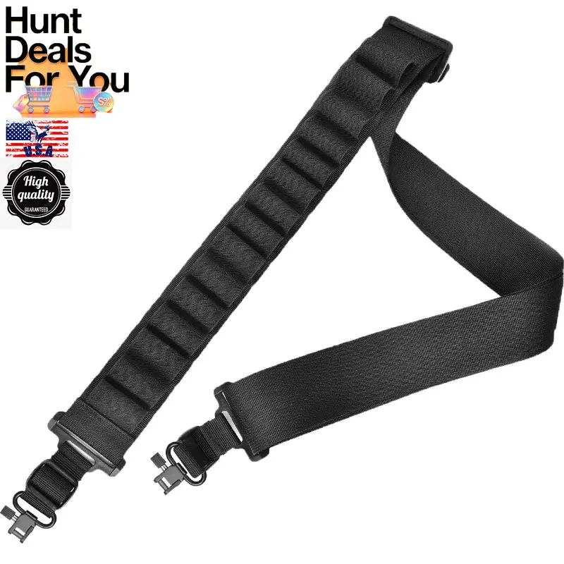 Black Sling with Shell Holder Sling Holds 15 For 12 Gauge Adjustable Two Point Sling with Sling Swivels For Outdoors