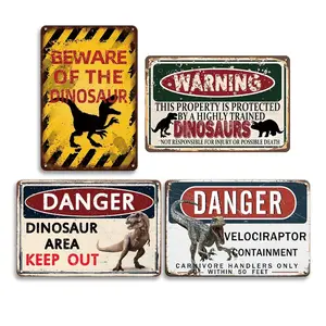 4pcs Metal Wall Art Decorative Signs & Plaques Beware Dinosaur Area Warning Tin Plate Painting Posters Dinosaur Theme For Teen Rooms Dinosaur Enthaustic Teen Boy's Room Pub Kitchen Man Cave Cafe Home Room Restaurant Decoration Vintage Tin Sign