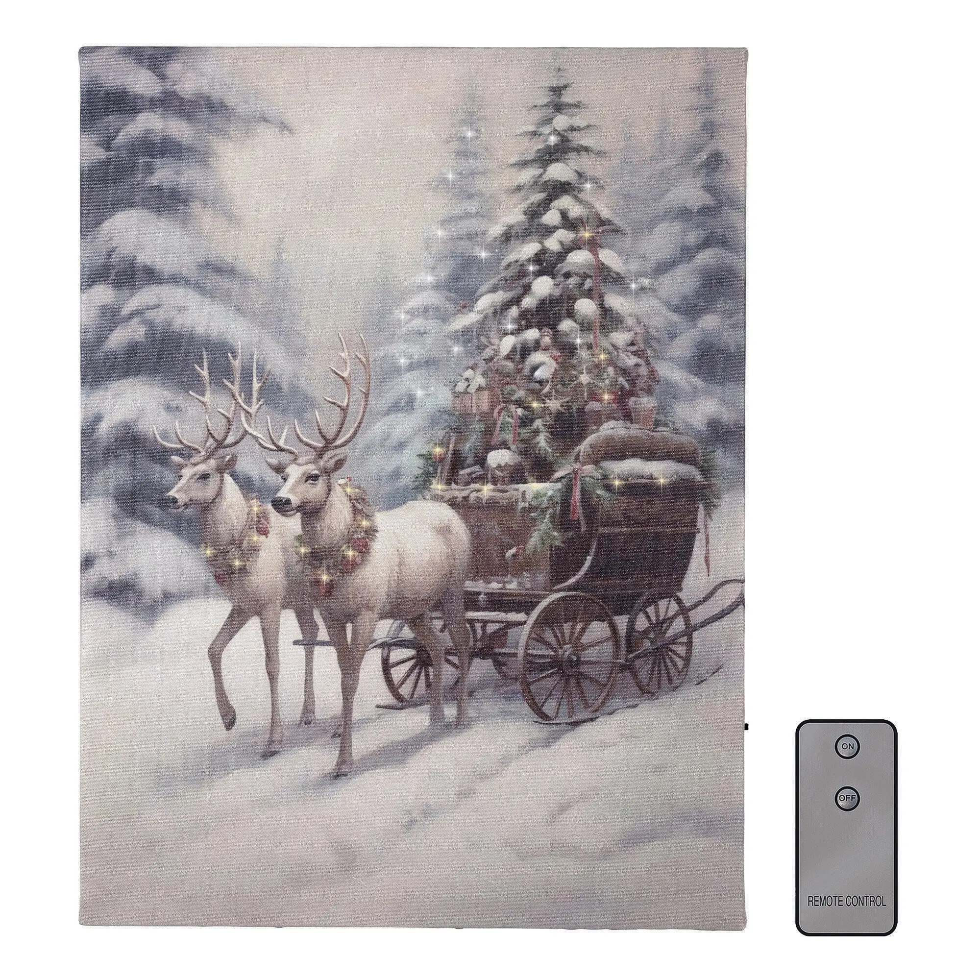 LumaBase Battery-Operated LED Lighted Wall Art - Reindeer Sleigh Ride Canvas Print, Christmas Home Decor Accent, Holiday Decoration Items
